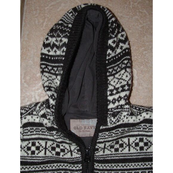 Boys Sz 12-18 Months Black Fair Isle Full Zip Hooded Wool Blend Sweater Jacket - Picture 2 of 2